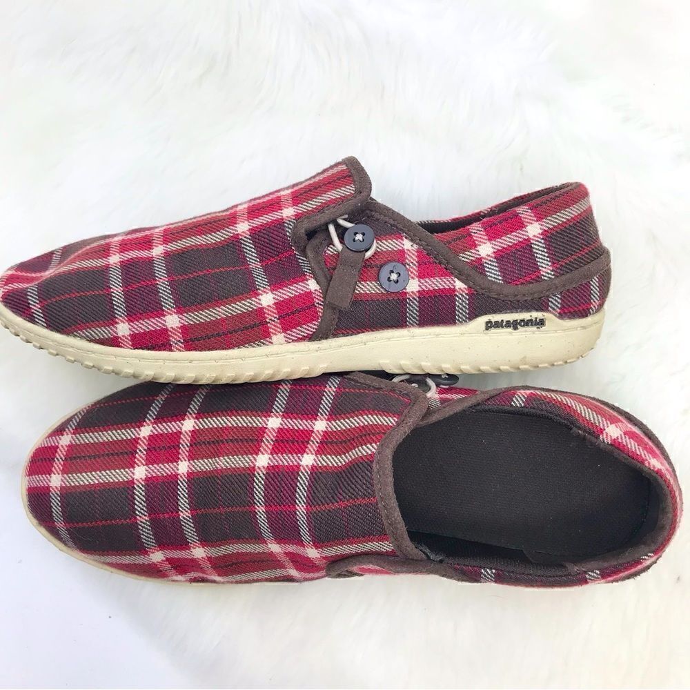 Patagonia Red Brown Plaid Slip On Canvas Casual Loafers